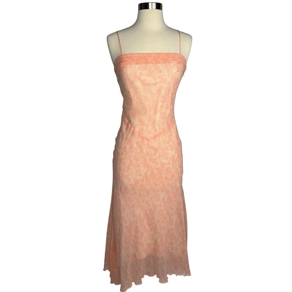 VTG Casual Corner Peach Swirl Dropped Waist Silk‎ Midi Dress Whimsy Fairy Size 2